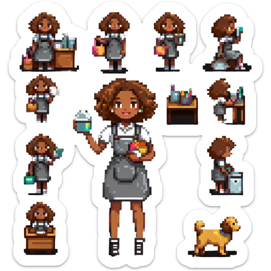 brown woman with curly hair, it girl style, doing everyday activities sticker