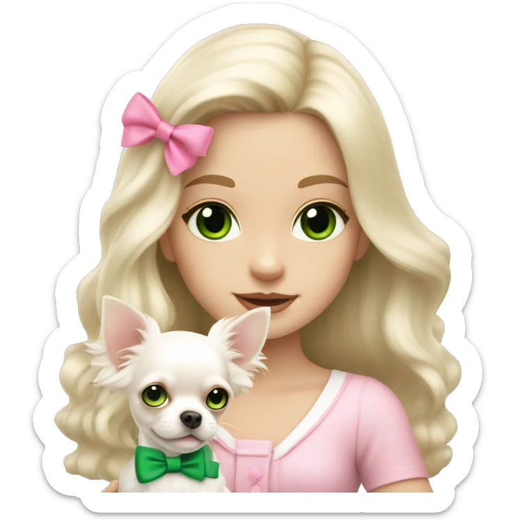 pale blond girl with wavy long platinum hair with green eyes holding a white chihuahua puppy that wearing a pink bow sticker