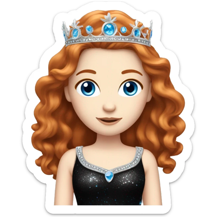 Beautiful girl with long wavy redhair, pale skin and bright blue eyes. She wears a sparkly black dress and a silver crown  sticker