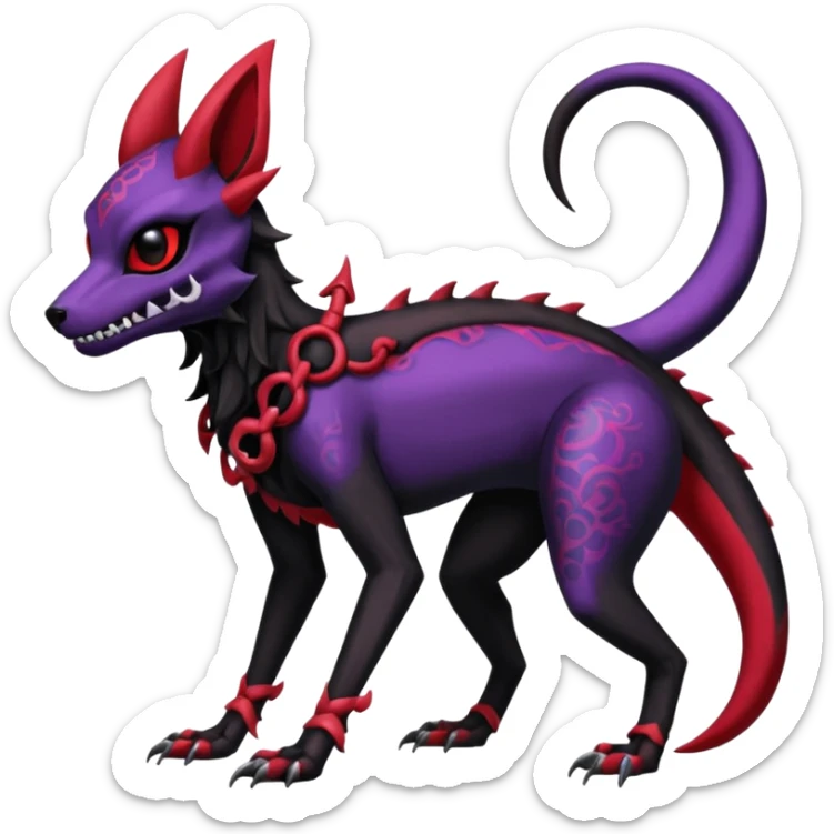 Gothic Black red purple Scaley Exotic Salandit-Umbreon-Noibat-Houndoom-Fakémon-hybrid-creature (full body), 4 legs, skull face mask sticker