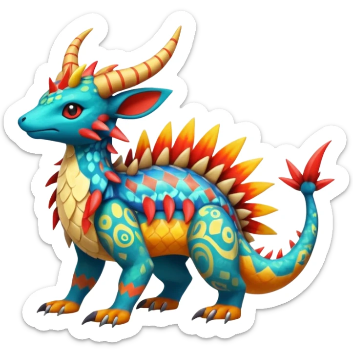Colorful Exotic tropical Pokémon-Fakémon-hybrid-creature (full body) with tribal intricate splash-markings and patterns and furs and scales and spikes and fins and horns  sticker