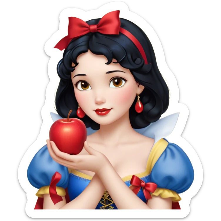 Cinematic Realistic Snow White Portrait, depicted with lifelike skin texture, soft natural lighting, and intricately detailed black hair styled with a red ribbon. Her soft brown eyes radiate innocence and kindness, complemented by a warm, gentle smile. She holds an apple in one hand, her other hand resting against her cheek, embodying her purity and charm. She is dressed in her classic yellow, blue, and red gown, the fabric rich in texture with delicate folds that catch the light beautifully. The portrait features a soft, natural glow with a radiant finish, capturing the essence of timeless beauty in a realistic and painterly style. sticker