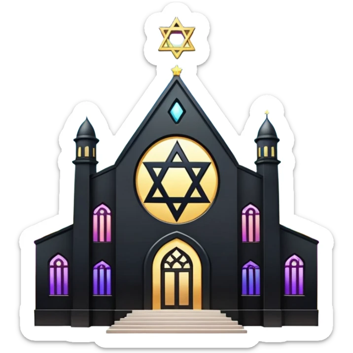 jewish synagogue temple in dark goth aesthetic style with black building and light rainbow tint glass windows and star of david and celestial symbolism sticker