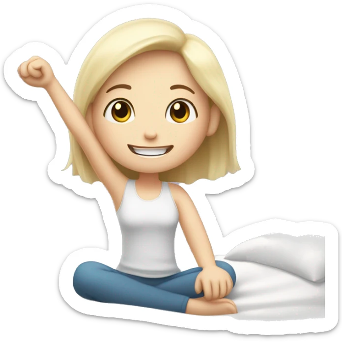 Happy pale girl wakes up in bed and stretches hands up in the air  sticker