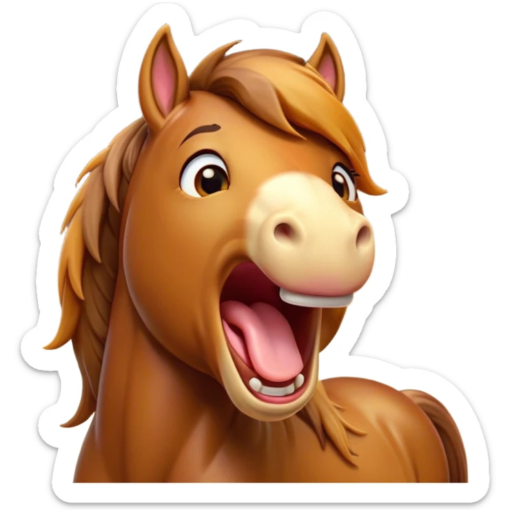 Cinematic Cute Yawning Bay Horse Portrait Emoji, Head tilted slightly with a dramatic, wide-open yawn, revealing a smooth bay fur with a subtle luster, floppy ears slightly drooping, round amber eyes barely open in drowsy contentment, Simplified yet irresistibly adorable features, highly detailed, glowing with a soft, cozy glow, high shine, relaxed yet expressive, stylized with a touch of equine whimsy, bright and endearing, soft glowing outline, capturing the essence of a sleepy yet affectionate horse, so drowsy it feels like it could stretch out of the screen and curl up for a nap! sticker