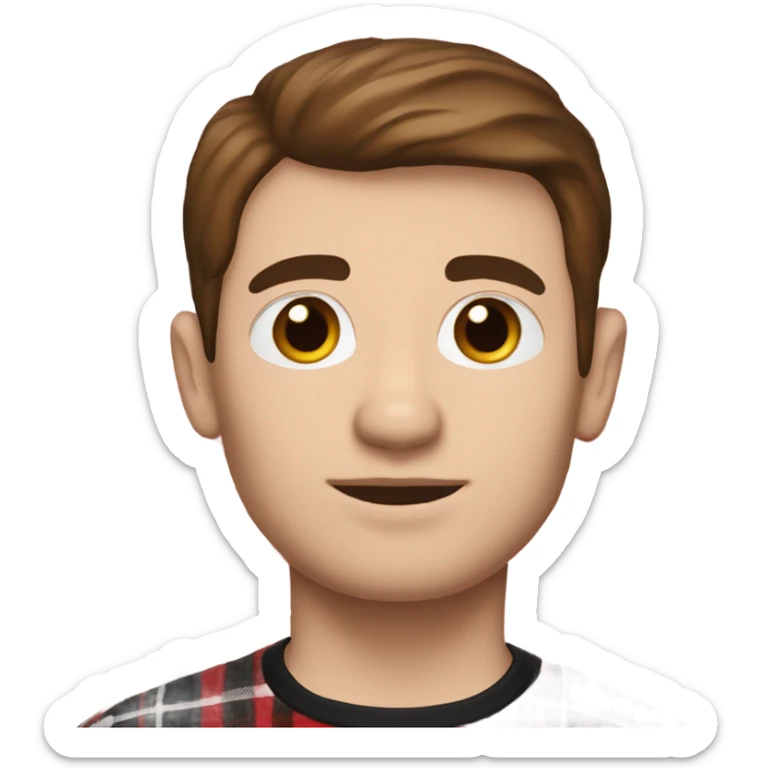 Man with straight brown hair and brown eyes wearing red and black buffalo plaid pjs. White skin. sticker
