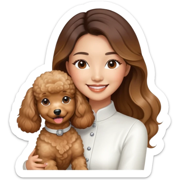 an asian lady with long balayage hair with highlights, long lashes, wearing white outfit, smiling happily, and holding a brown poodle sticker