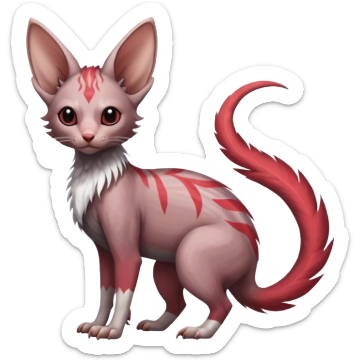 Furry, fluffy feathery scaly, Minccino-Sphynx-Lykoi-Linoone-Zangoose-fusion-hybrid-animal-Fakémon-creature, full body, thin long sleek scaly tail, intricate markings sticker