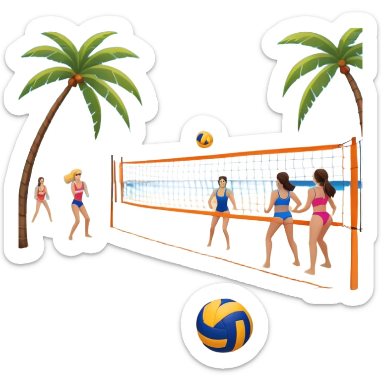 A volleyball resting on the orange sand of a beach, with a volleyball net in the background. The scene includes a beautiful beach landscape with blue sea, sky, and palm trees, while a couple of women in swimsuits play in the distance, capturing the relaxed yet competitive vibe of beach volleyball. sticker