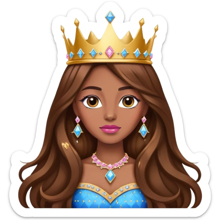 Queen, brown long hair, big golden crown encrusted with pink diamonds, black dress with blue diamonds sticker