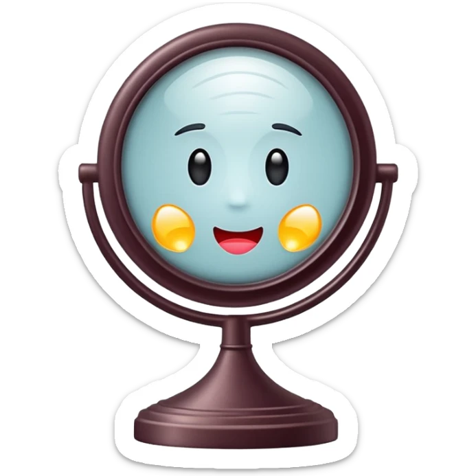 Minimalist emoji-style sticker of a vanity mirror with dim bulbs and cracked glass, words “Am I real yet?” smeared in dusty lipstick tone


 sticker