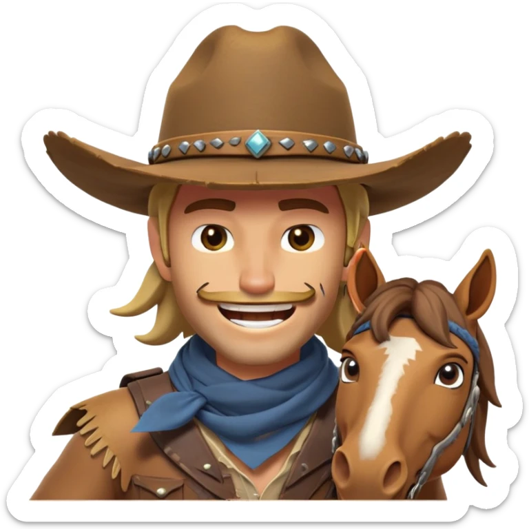 clash-of-clans-aesthetic_-cinematic-playful-cowboy-portrait-emoji, head-tilted with a roguish, cheeky grin and twinkling eyes, featuring a rugged, spirited build with a wide-brimmed cowboy hat and a weathered bandana on tan skin, riding a powerful galloping horse with dynamic flowing mane, reins gripped firmly in one hand and a lasso in the other, as dust swirls behind them in a vast desert landscape. sticker