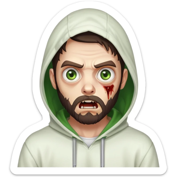 zombie with shocked expression, undercut hairstyle with dark brown hair, short full beard, heterochromia with one green eye and one brown eye, wearing plain white hoodie with hood up sticker