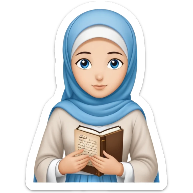 Turkish beautiful finish Konya girl blue eyes with cloudy hijab islamic long tailed dress and had on her hand text Eid Mubarak  sticker