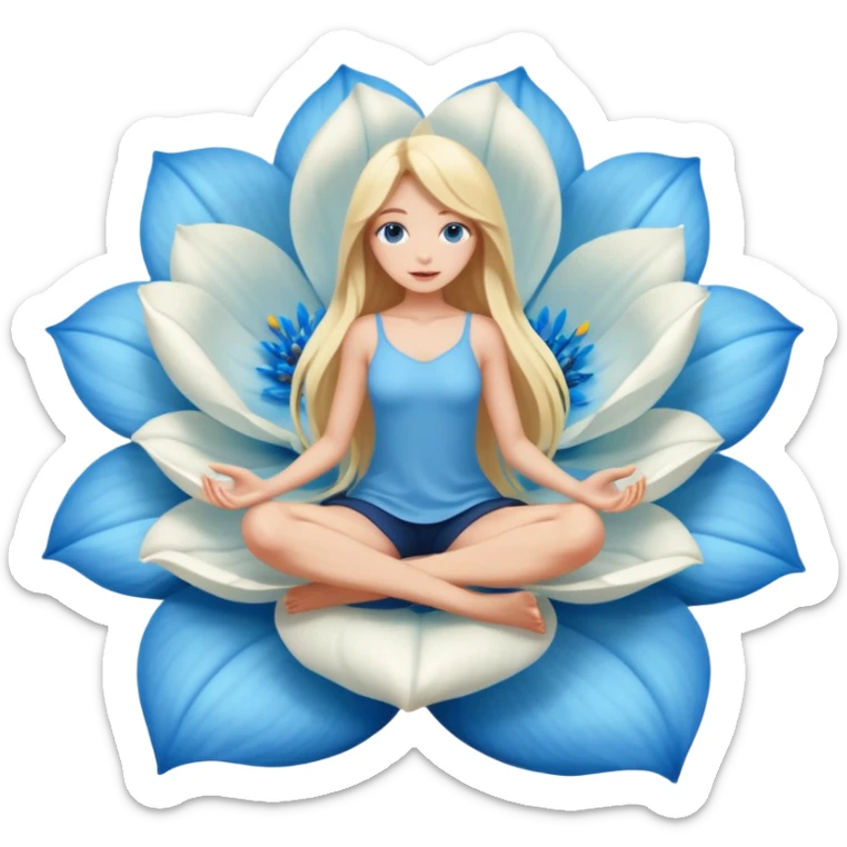 full body woman long blonde hair blue eyes white skin sitting inside giant flower bloom sticker