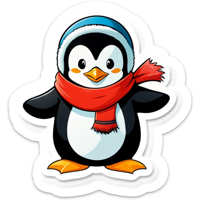 Pinguin der dick in Klamotten Mütze Schal und Jacke trägt der auf der auf dem Bauch ￼Eisscholle runterrutscht  sticker