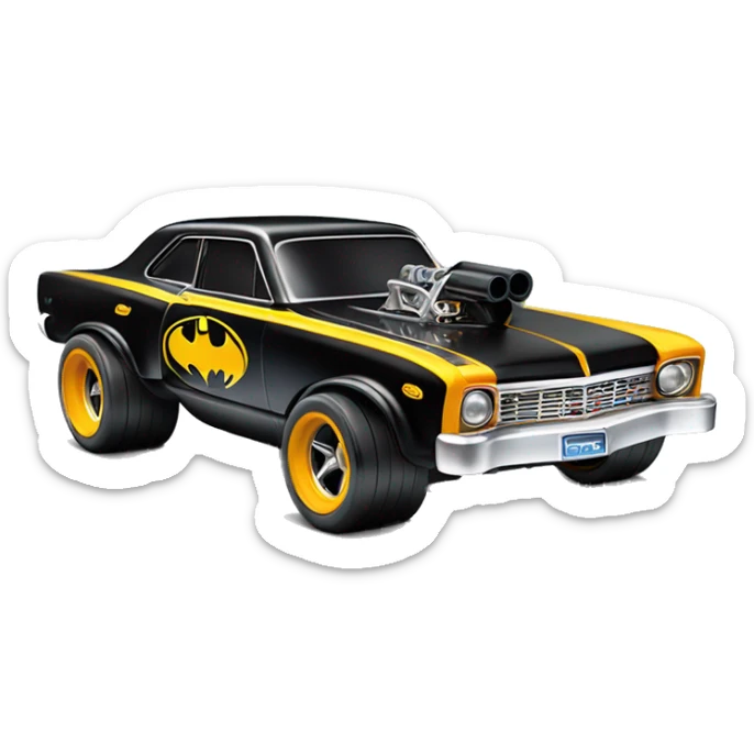 Hot wheels 69 Nova Batman’s favorite, shaped like a top fuel Dragster with exposed suspension  sticker