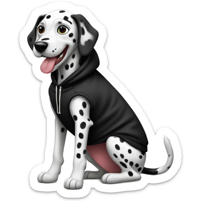 Dalmatian wearing a black hoodie with a tongue out sticker