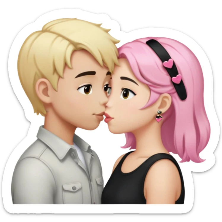 Boy with blonde hair kissing girl with black hair and two pink hair clips in hair  sticker