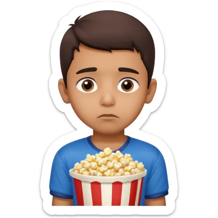 an indian boy wearing indian cricket jersey and eating popcorn and looking sad sticker