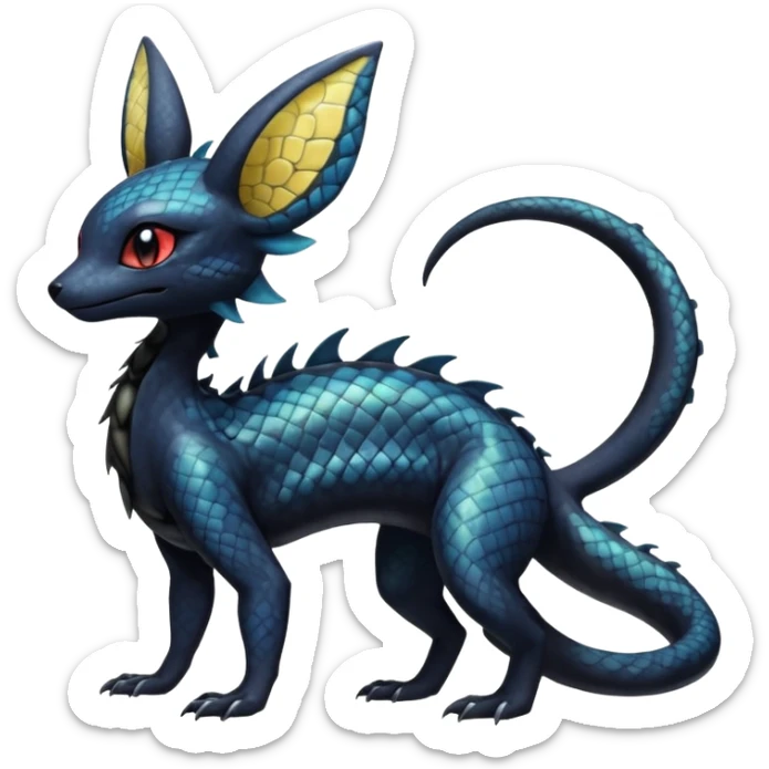 Shiny beautiful gorgeous ethereal Scaley Exotic Salandit-Umbreon-Noibat-Fakémon-hybrid-creature (full body) sticker