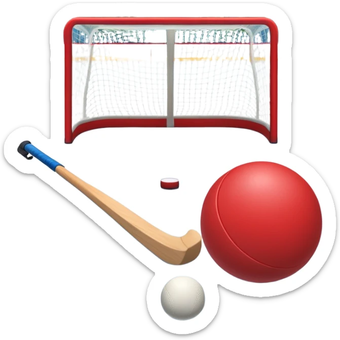A red ball and hockey stick resting on an ice rink, with the goalposts and clear markings in the background. The scene captures the unique nature of field hockey with a ball on ice, emphasizing the speed and precision of the sport in a cold, competitive atmosphere. sticker