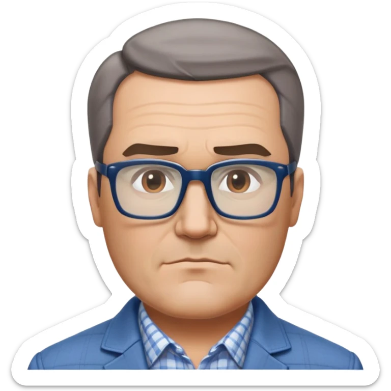 50-year-old heavyset man with very wide face and prominent square jawline. Short straight hair combed to the side, not balding. Large dark square glasses. Serious-relaxed expression. Light gray jacket that fits his larger frame, white shirt with blue checkered pattern. sticker