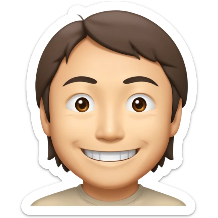 ​Cinematic Realistic Portrait of a Smiling Shigeru Miyamoto, depicted with warm, approachable features, showing a giant smile with expressive eyes, set against a subtle backdrop, inviting lighting that captures his innovative spirit sticker