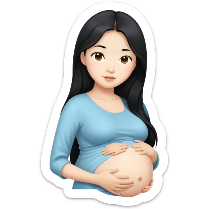 Beautiful Asian girl with long black hair, pregnant belly sticker