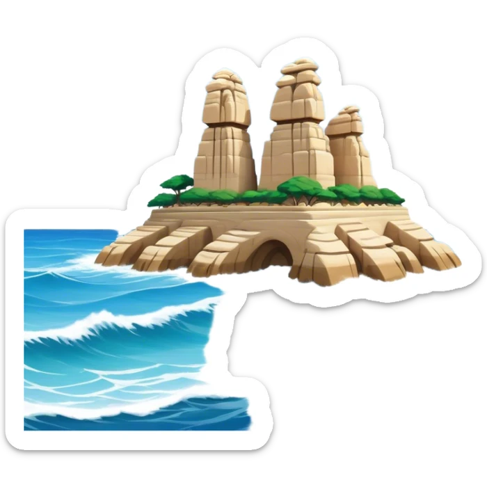 Cinematic Realistic Raouche Rocks, Beirut Landmark Emoji, depicting the majestic limestone rock formations rising from the Mediterranean Sea, with waves crashing against their bases under a vibrant sky. sticker