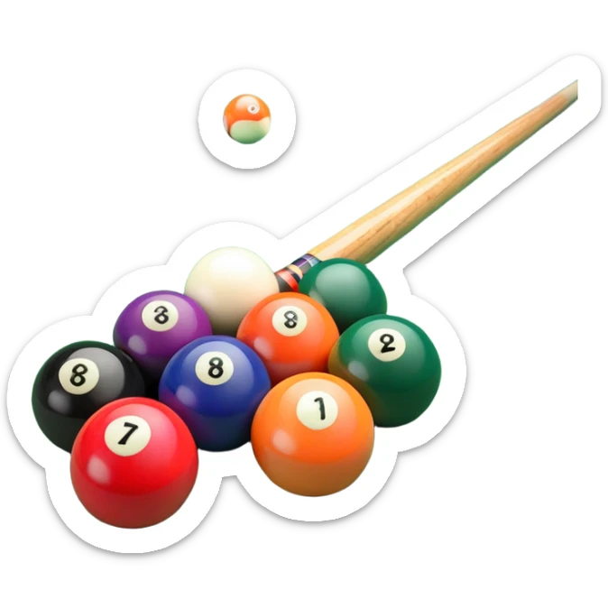 A close-up of a pool cue aimed at a set of colorful billiard balls resting on a green felt table. The focus is on the cue stick and the arrangement of balls, with subtle details of the game’s texture and atmosphere, emphasizing the precision and skill of billiards. sticker