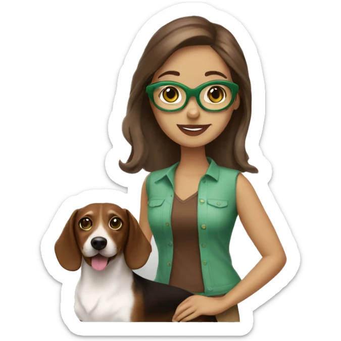 Beautiful White girl with brown hair green glasses with a duchshund dog color chocolate  sticker