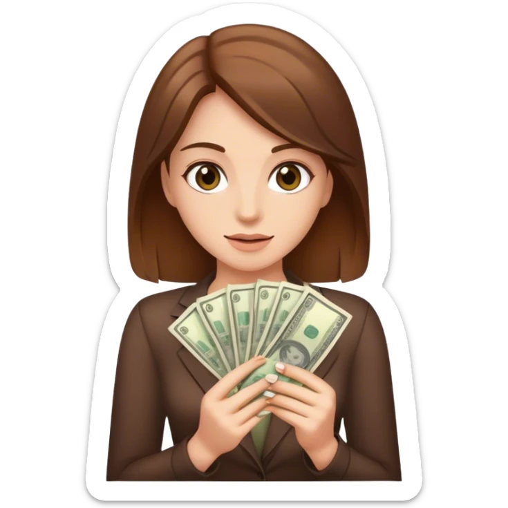 realistic portrait of brown hair woman with money sticker