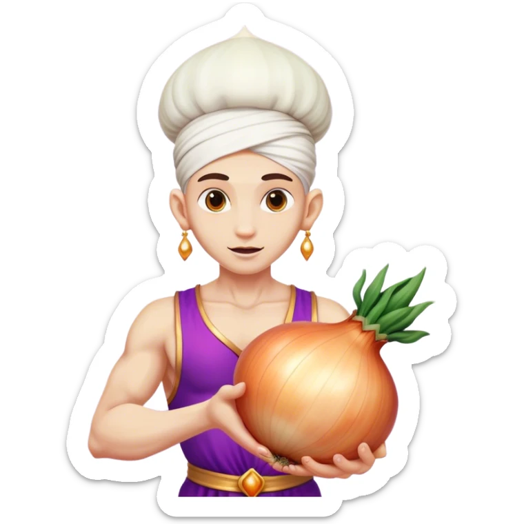 The white Genie of the Lamp, holding a big onion violet  sticker