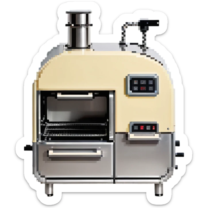 A robotic baker with stainless steel limbs, built-in mixers, and a retro-futuristic oven. The environment is industrial-chic: brushed metal surfaces, LED panels, and mechanical arms. UI mimics control panels with toggle switches, rivets, and analog dials. sticker