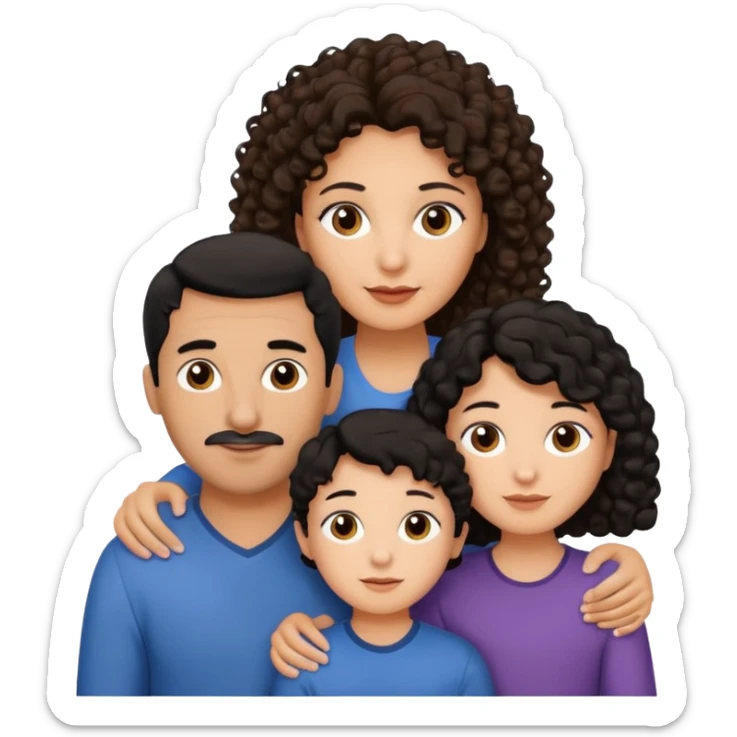  family, mom has brown eyes black hair brown skin, dad is white with brown curly hair and two kids boy and girl who are a mix of the two parents sticker