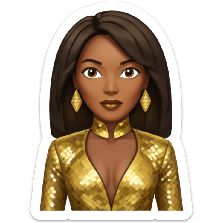Angela Bassett with long dark brown hair, gold sequin outfit sticker