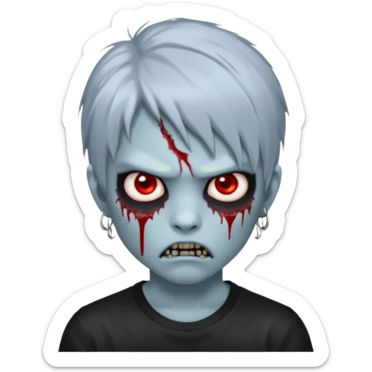  3D emoji-style avatar with very pale blue-grey zombie skin , a young Asian face, and large eyes with blood tears. Give it white litle bit messy mullet hair style , silver hoop earrings, and a plain black T-shirt. The face expression should be slightly angry, with vampire fang sticker