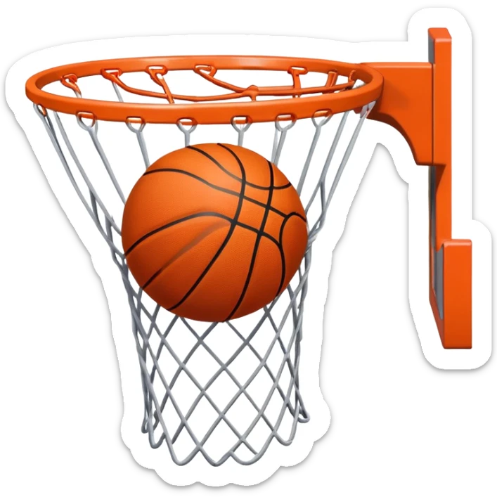A close-up of a basketball shield and hoop with the ball swishing through the net, captured mid-air. The background emphasizes the tension and excitement of the moment, with the rim and net in sharp focus, showcasing the precision and skill of the sport. sticker