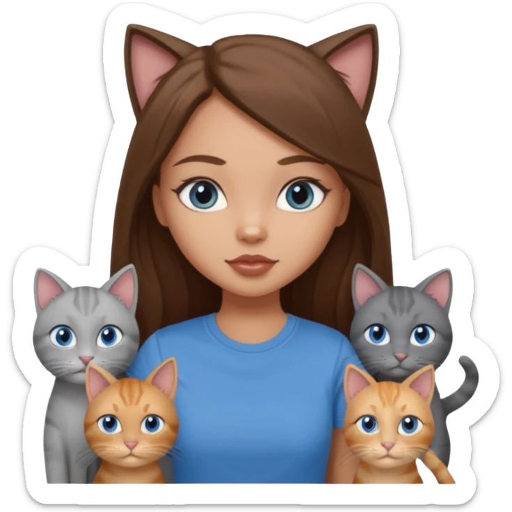 a pretty bratz dusky light skin girl with long brown hair, blue eyes with six cats nd wearing a grey tshirt sticker