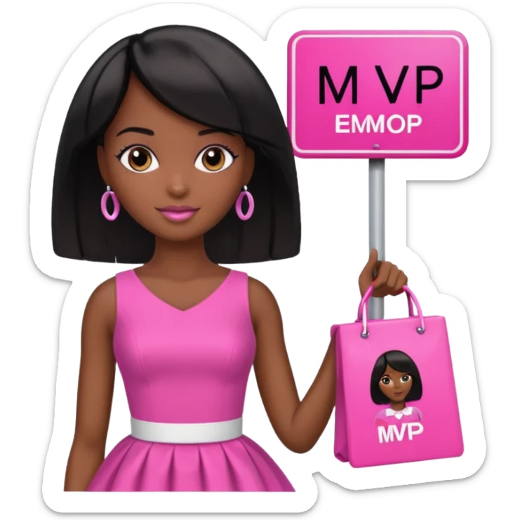 Dark skin Black barbie, short  black bob  hair, pink dress with a sign that says mvp sticker