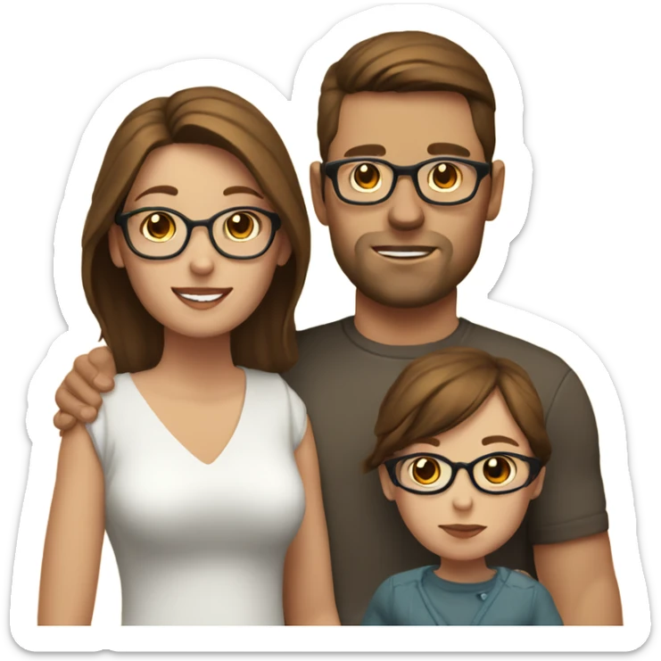 A white couple with brown hair. The main is wearing glasses with his arm around the wife. And the wife is holding a baby girl sticker