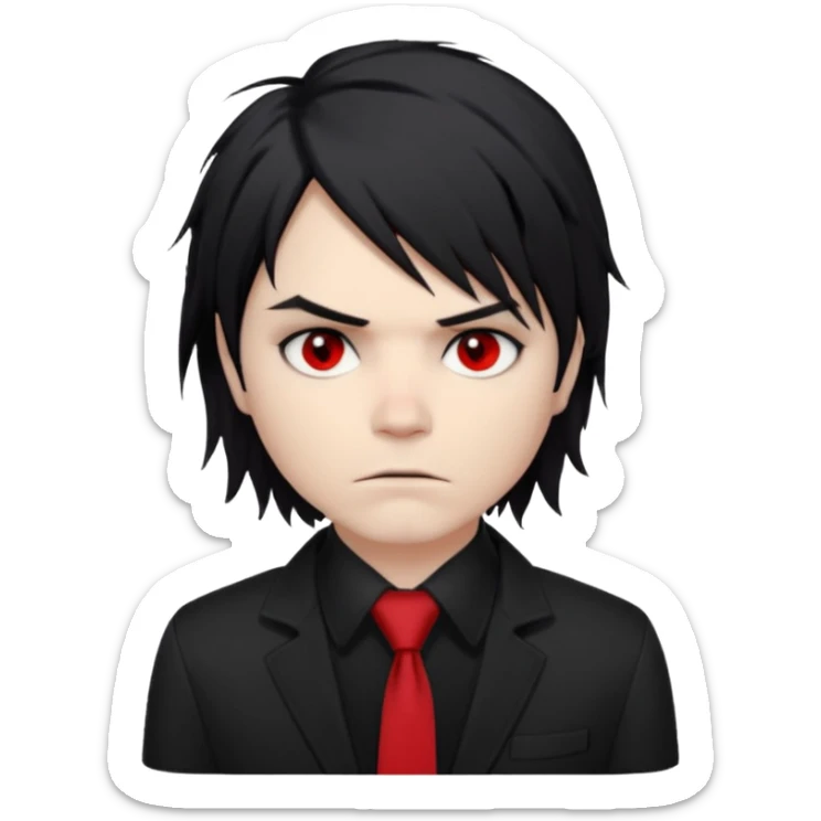 Gerard Way (Revenge Era)
Round, simplified emoji style
Pale skin tone
Jet-black, shoulder-length hair messy and emo
Heavy eyeliner and slight red shadow under the eyes
Subtle serious
Hint of red tie visible on black button up shirt.
Transparent background. Black eyeliner. Messy emo hair sticker