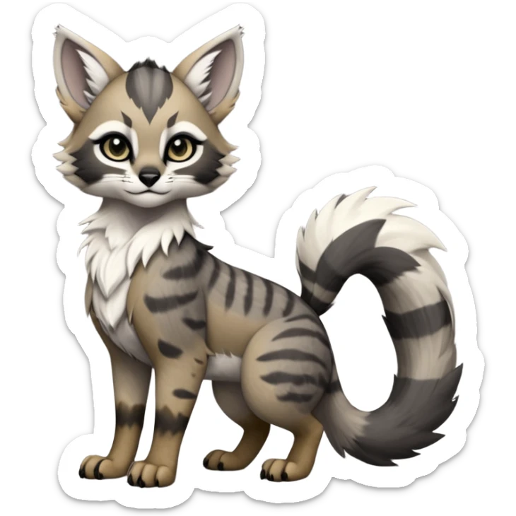 Cute kawaii cool edgy badass  ashen grey fur with smoky charcoal ombré fade fantasy-caracal-civet-genet-sergal-vernid-Gryphon-Cacomistle-Trico-oncilla-animal-Fakémon-hybrid-fursona (full body), facial markings, (realism style) sticker