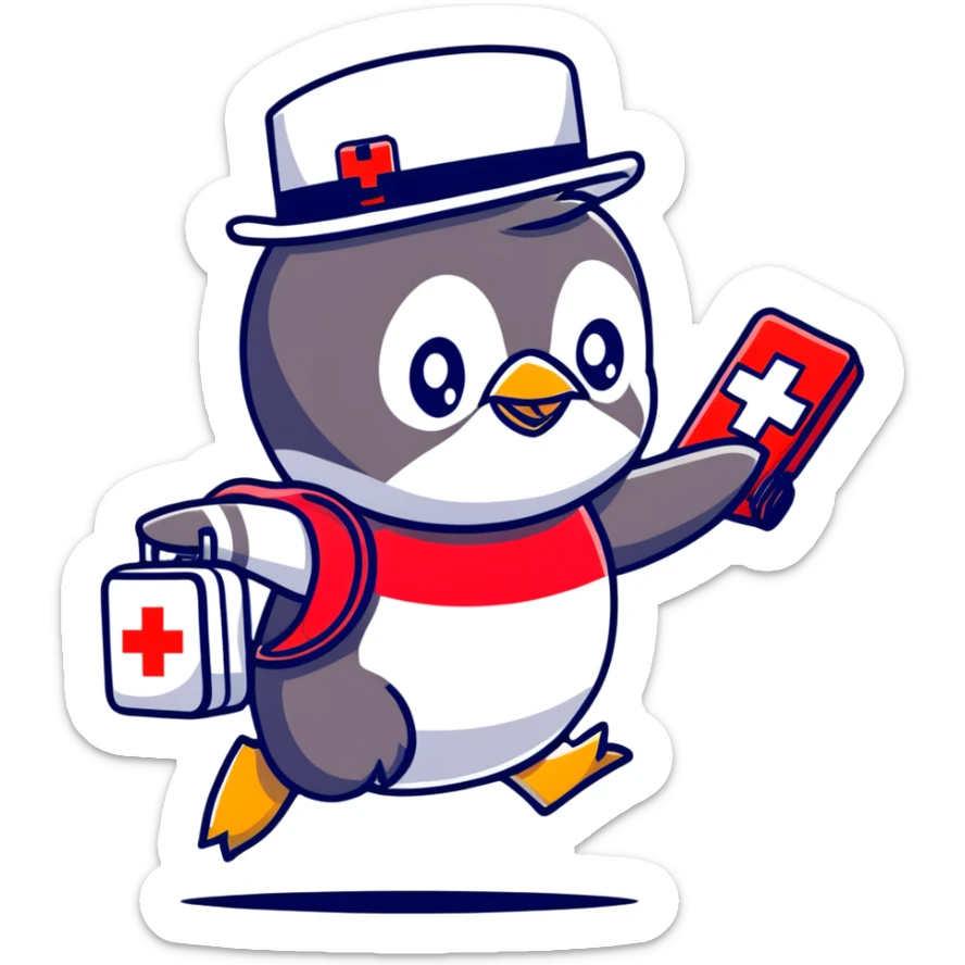 side view of a doctor penguin running with a top hat holding a first aid medical box with a red cross sticker