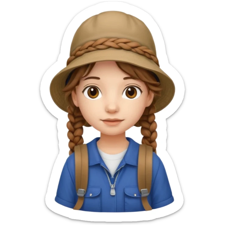 a young student girl with the backpack with bucket hat, brown wavy braided hair sticker