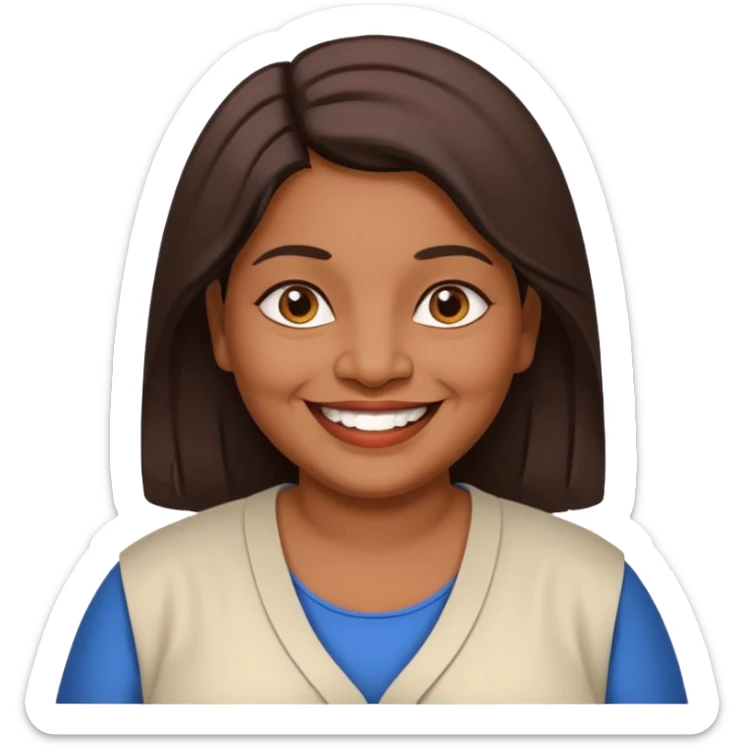 50 yr old chubby Sri Lankan woman, dark skin, straight brown hair, big smile, white teeth, european clothes, shoulder length hair sticker