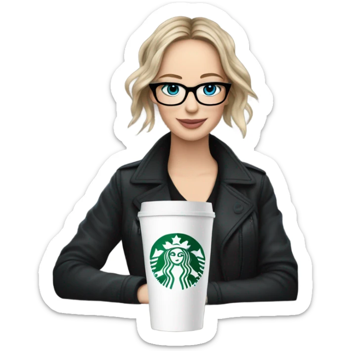 Photo of Brunette Jennifer Lawrence wearing black glasses and blue eyes drinking Starbucks  sticker
