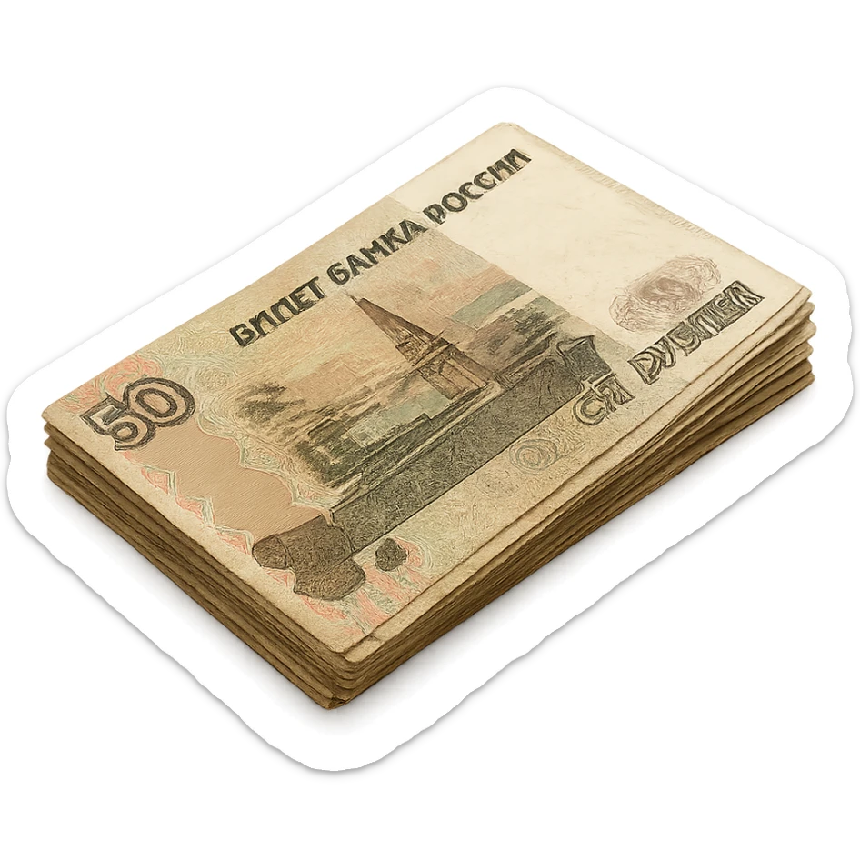 a small pile of Russian ruble banknotes, stacked and slightly fanned out, showing Cyrillic text and ornate patterns, no specific denomination, focus on recognizable Russian currency features, detailed, realistic sticker