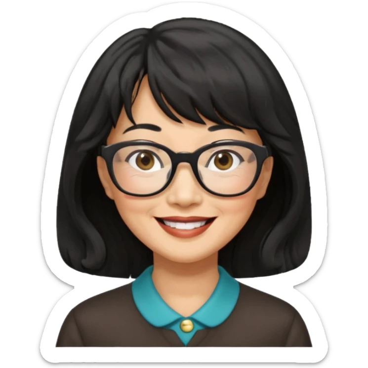 asian woman, 60 yr old, black wavy hair with bangs, big glasses  sticker